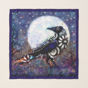 Whimsical Raven Moon Floral Black White Blue Scarf