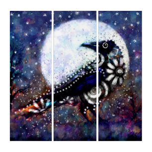Whimsical Raven Moon Floral Black White Blue Triptych