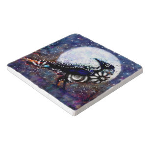 Whimsical Raven Moon Floral Black White Blue Trivet
