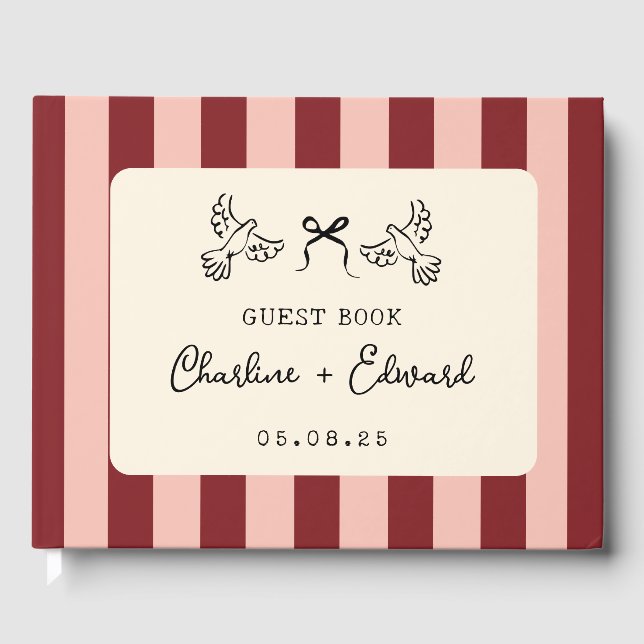 Whimsical Red and Blush Pink Striped Wedding  Guest Book (Front)