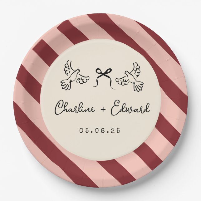 Whimsical Red and Blush Pink Striped Wedding  Paper Plates (Front)