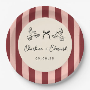 Whimsical Red and Blush Pink Striped Wedding Paper Plates