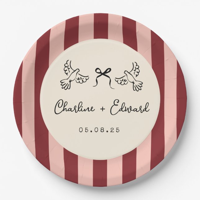 Whimsical Red and Blush Pink Striped Wedding  Paper Plates (Front)