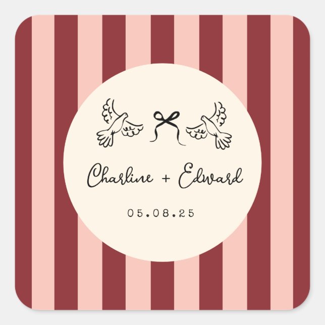 Whimsical Red and Blush Pink Striped Wedding  Square Sticker (Front)