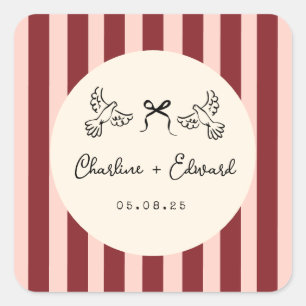 Whimsical Red and Blush Pink Striped Wedding Square Sticker