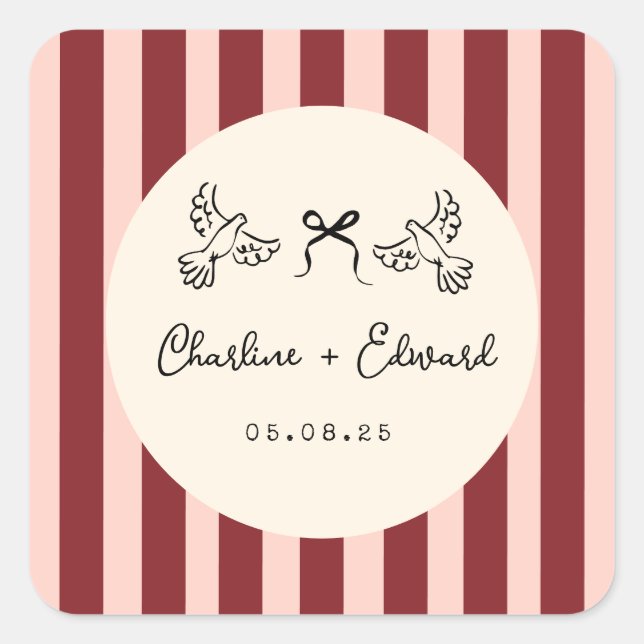 Whimsical Red and Blush Pink Striped Wedding  Square Sticker (Front)