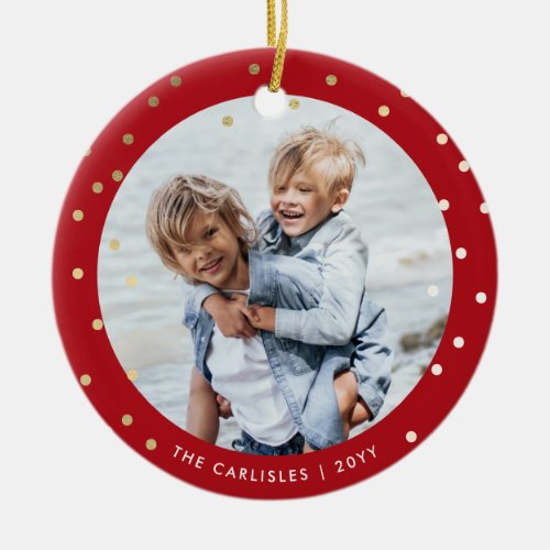 Whimsical Red and Gold Confetti 2 Photo Christmas Ceramic Ornament