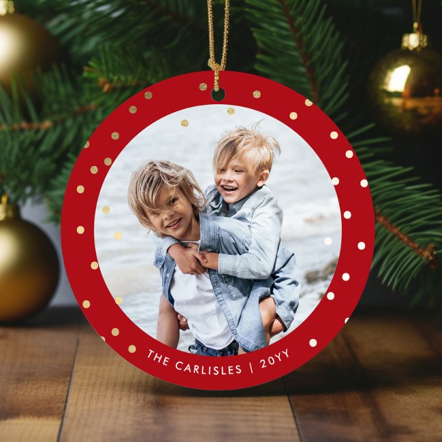 Whimsical Red and Gold Confetti 2 Photo Christmas Ceramic Ornament (Red and gold 2 photo Christmas tree ornaments (front).)