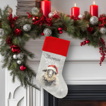 Whimsical Red and Gray Watercolor Sheep Stocking