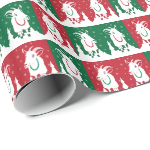 Whimsical Red and Green Goat Holiday Wrap Wrapping Paper