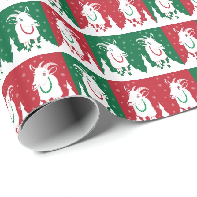 Whimsical Red and Green Goat Holiday Wrap Wrapping Paper (Roll Corner)