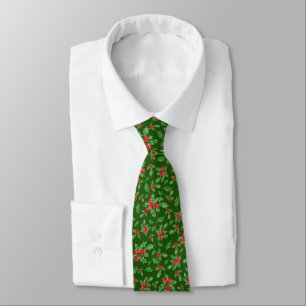 Whimsical Red and Green Holly Pattern Christmas Neck Tie