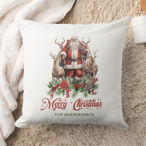 Whimsical red and green Santa with reindeer Throw Pillow