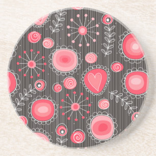 Whimsical red and grey hearts and flowers floral coaster