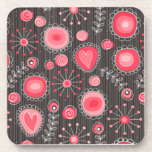 Whimsical red and grey hearts and flowers floral drink coaster