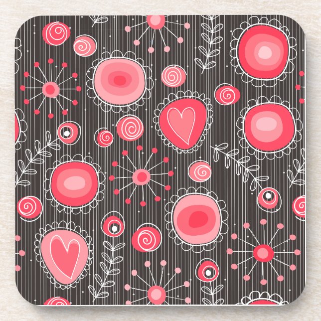 Whimsical red and grey hearts and flowers floral drink coaster (Front)