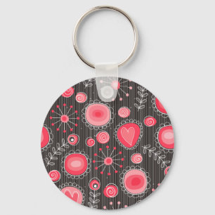 Whimsical red and grey hearts and flowers floral keychain