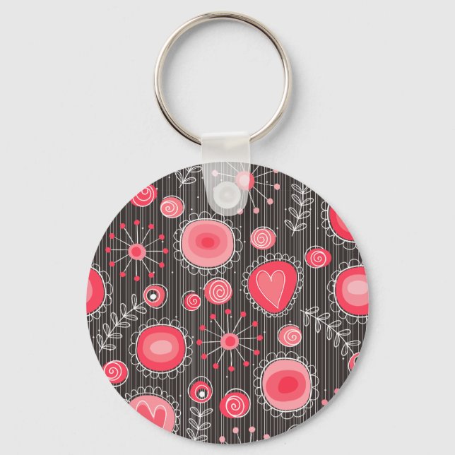 Whimsical red and grey hearts and flowers floral keychain (Front)