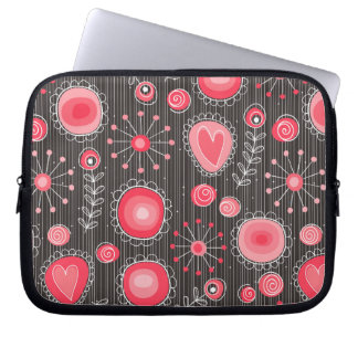 Whimsical red and grey hearts and flowers floral laptop sleeve
