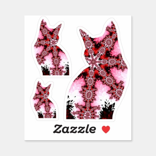 Whimsical Red and Pink Fractal Cats Silhouette Sticker