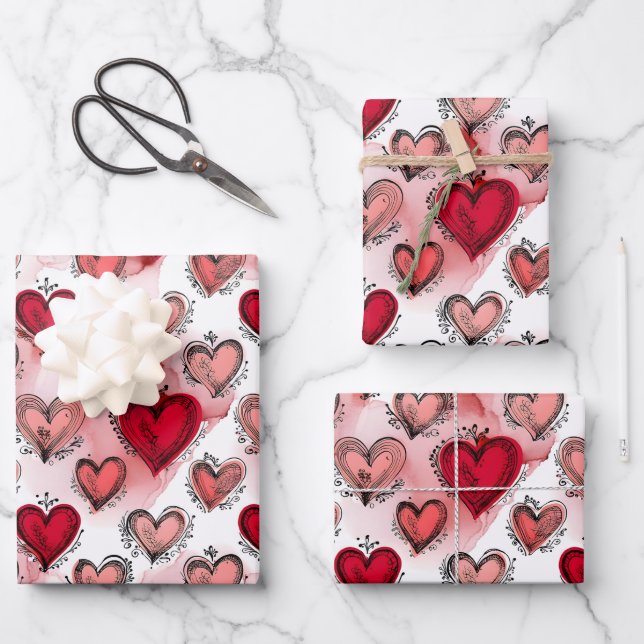 Whimsical Red and Pink Hearts Valentine's Wrapping Paper Sheets (Front)