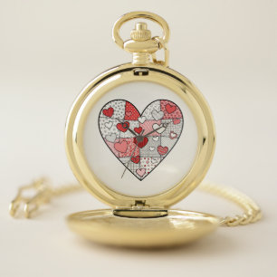 Whimsical Red and Pink Patchwork Heart Collage Art Pocket Watch