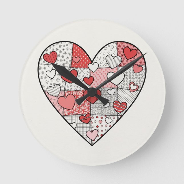 Whimsical Red and Pink Patchwork Heart Collage Art Round Clock (Front)