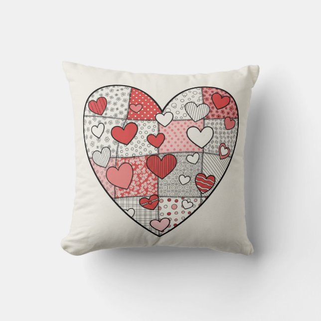 Whimsical Red and Pink Patchwork Heart Collage Art Throw Pillow (Front)