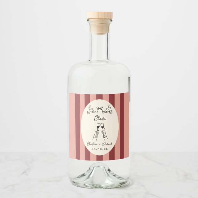 Whimsical Red and Pink Striped Wedding  Liquor Bottle Label (Front)