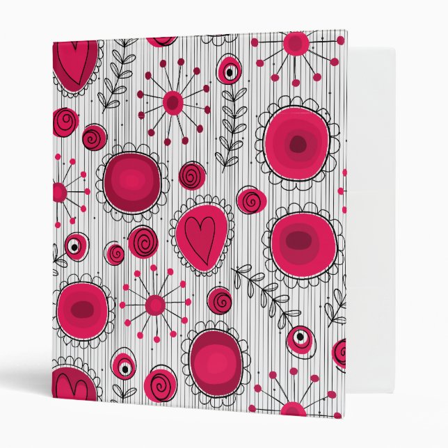 Whimsical red and white hearts and flowers floral 3 ring binder (Front/Inside)