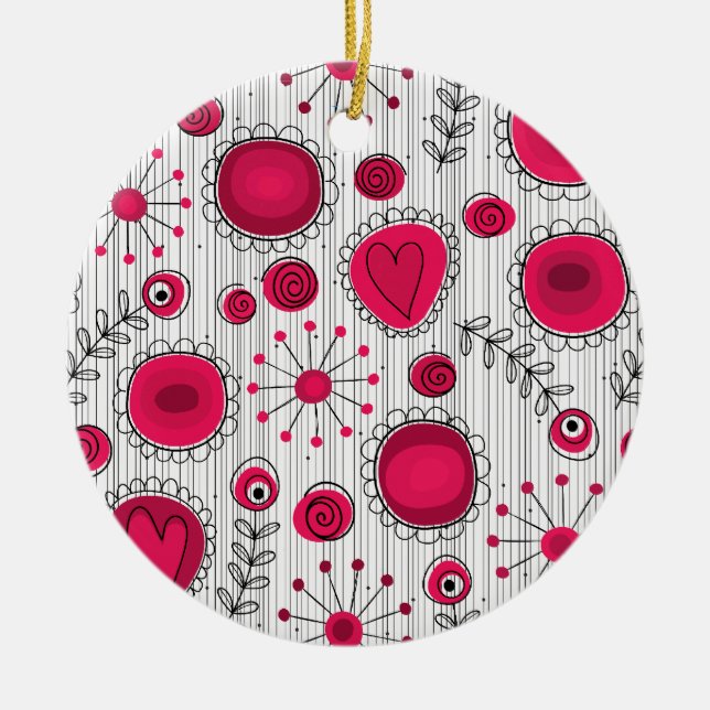 Whimsical red and white hearts and flowers floral ceramic ornament (Front)