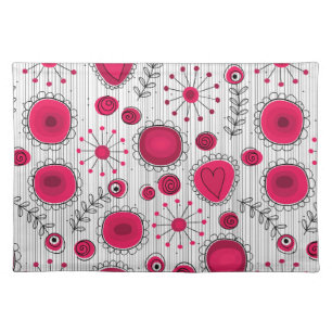 Whimsical red and white hearts and flowers floral cloth placemat