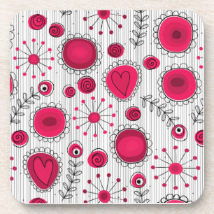 Whimsical red and white hearts and flowers floral drink coaster