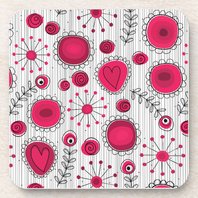 Whimsical red and white hearts and flowers floral drink coaster (Front)