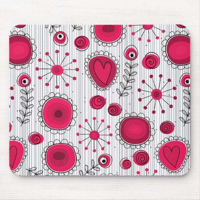 Whimsical red and white hearts and flowers floral mouse pad (Front)