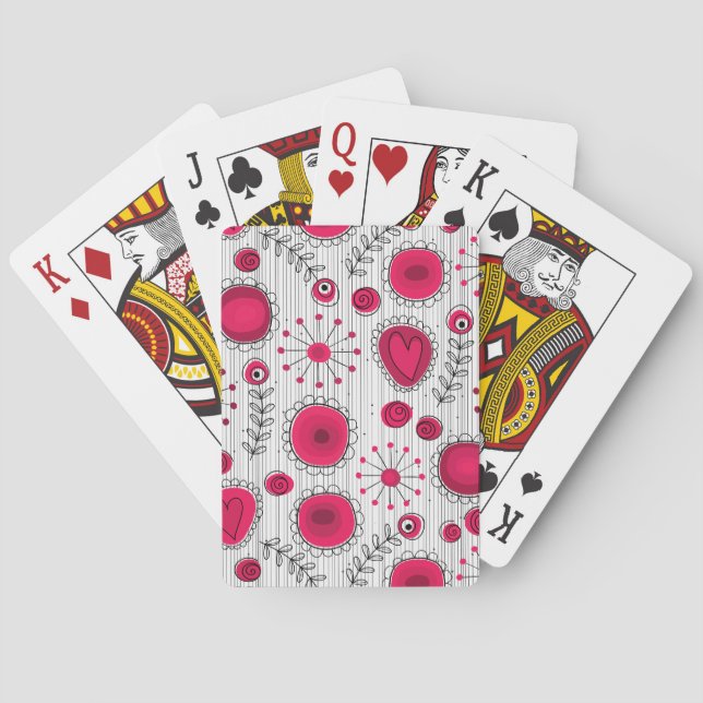 Whimsical red and white hearts and flowers floral poker cards (Back)