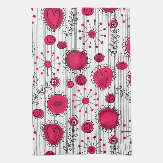 Whimsical red and white hearts and flowers floral towel (Vertical)