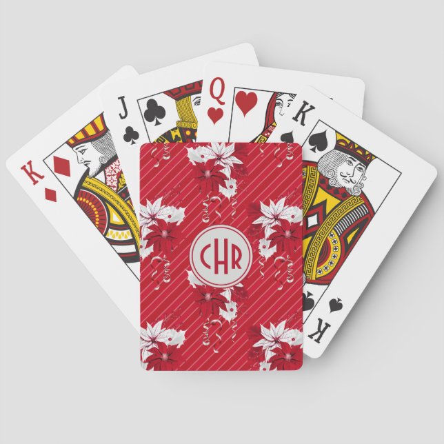 Whimsical Red and White Poinsettia Pattern Poker Cards (Back)