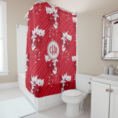 Whimsical Red and White Poinsettia Pattern Shower Curtain