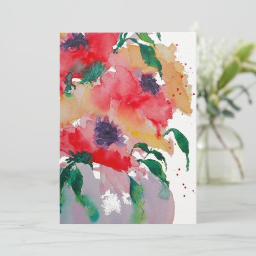Whimsical Red and Yellow Flowers in a Pinky Vase  Thank You Card