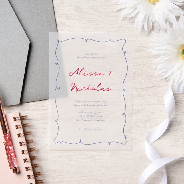 Whimsical Red & Blue Hand Drawn Border Wedding Vellum Invitations (Wedding)