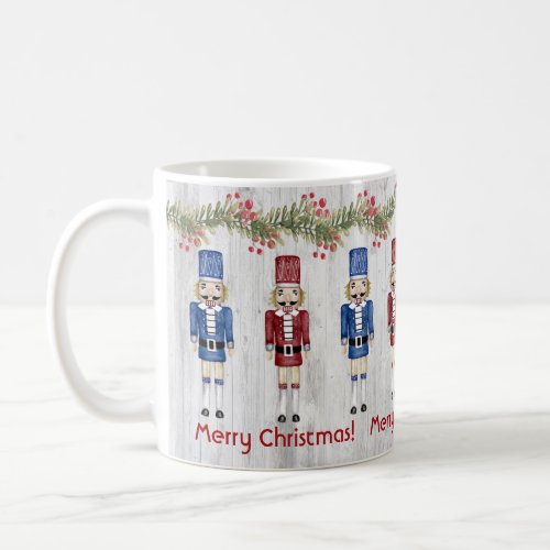 Whimsical Red Blue Nutcrackers Merry Christmas Coffee Mug
