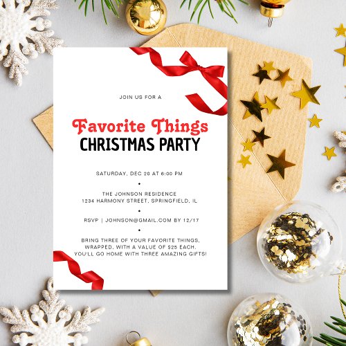 Whimsical Red Bow Favorite Things Christmas Party Invitation