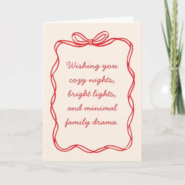 Whimsical Red Bow Funny Non-Photo Christmas Chaos Holiday Card (Front)