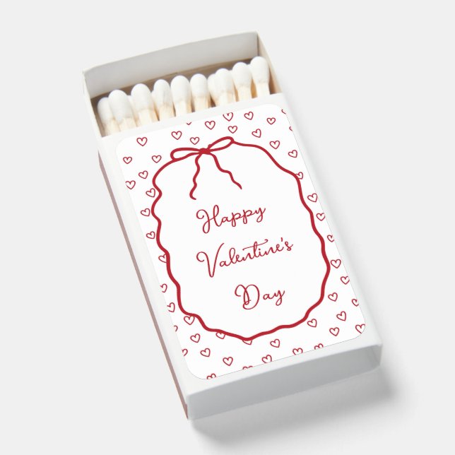 Whimsical Red Bow & Hearts Valentine's Day Party Matchboxes (Front Open)