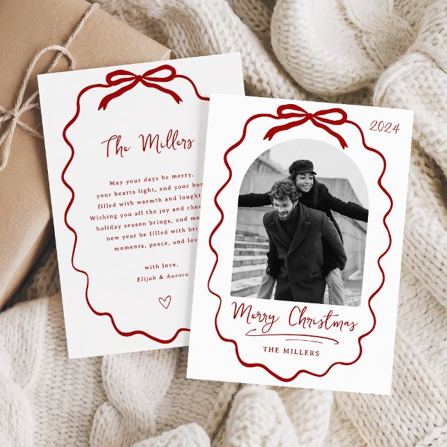 Whimsical Red Bow Merry Christmas Family Photo Holiday Card (Creator Uploaded)