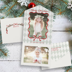 Whimsical Red Bow Merry Christmas Photo All In One Invitation