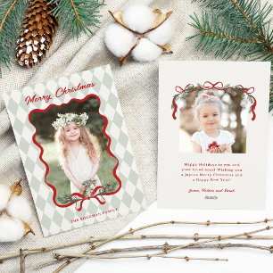 Whimsical Red Bow Merry Christmas Photo Holiday Card