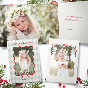 Whimsical Red Bow Merry Christmas Photo Tri-Fold Holiday Card
