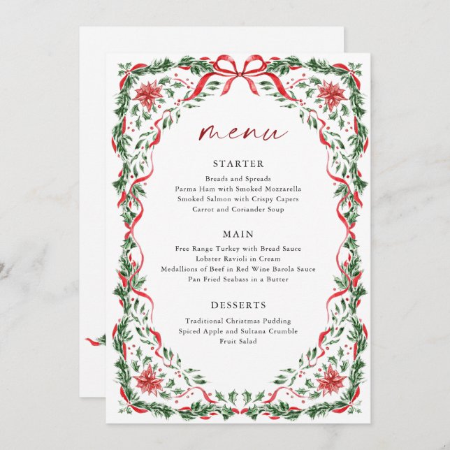 Whimsical Red Bow Printable Christmas Menu Card (Front/Back)